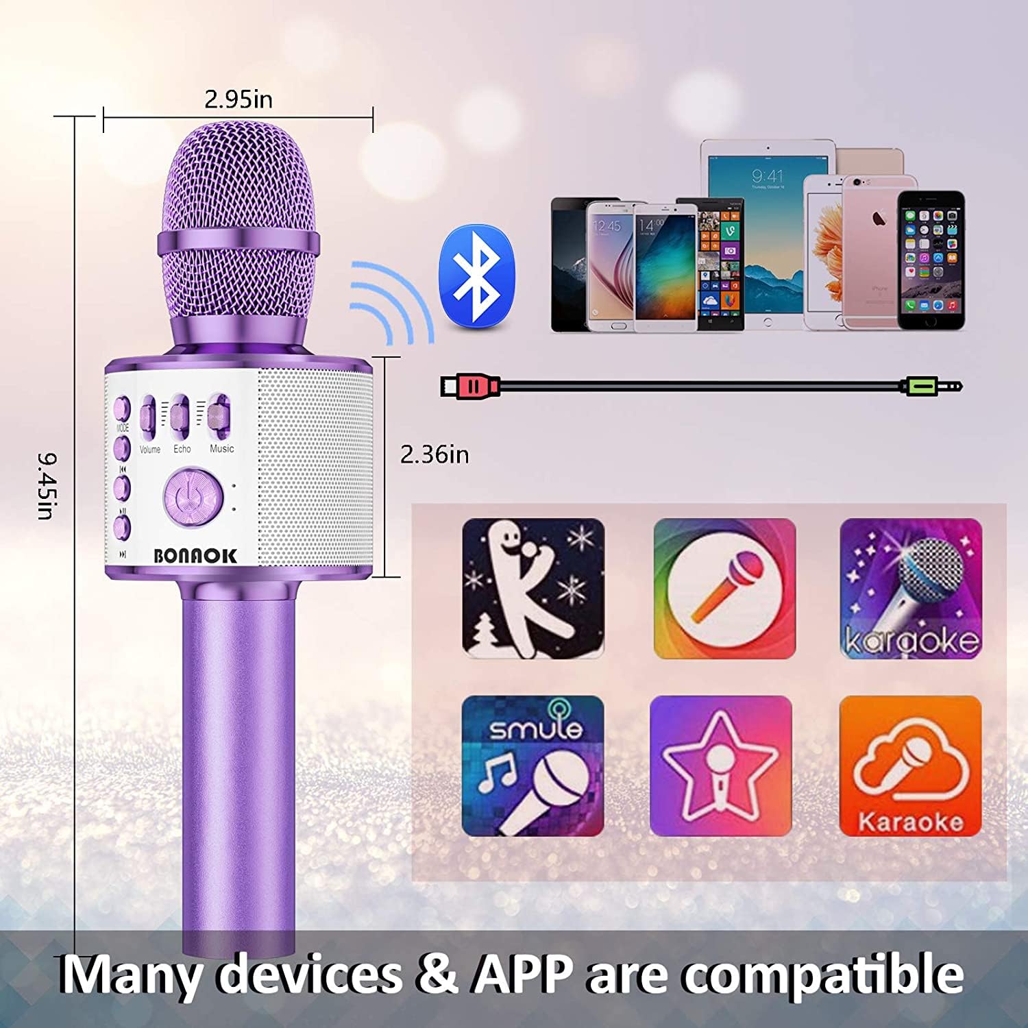 BONAOK Wireless Bluetooth Karaoke Microphone, Portable Toy Microphone for Singing, Gifts to Girls Boys Kids Adults All Age Q37（Bright Purple） jlhbookstore.store