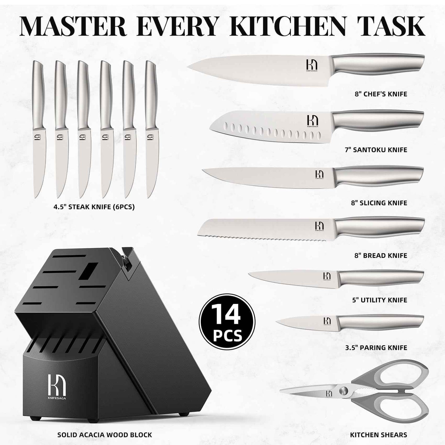 Knife Set Premium, Japanese 14 Pcs Kitchen Knife Block Set Enduring Razor Sharp High Carbon Stainless Steel, Black Chef Knives Set with Built-in Sharpener and Quality Acacia Wood Block