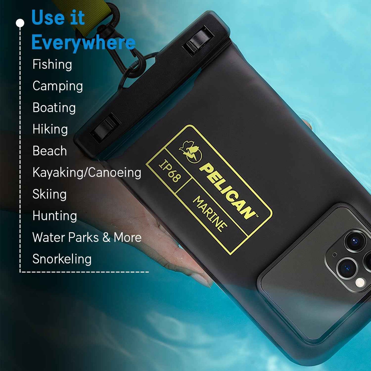 Pelican 2 Pack Marine - IP68 Waterproof Phone Pouch (Regular Size) Floating Waterproof Phone Case - Beach Cruise Ship Travel Essentials - Works w/All Phones - Detachable Lanyard - Black/Hi-Vis Yellow