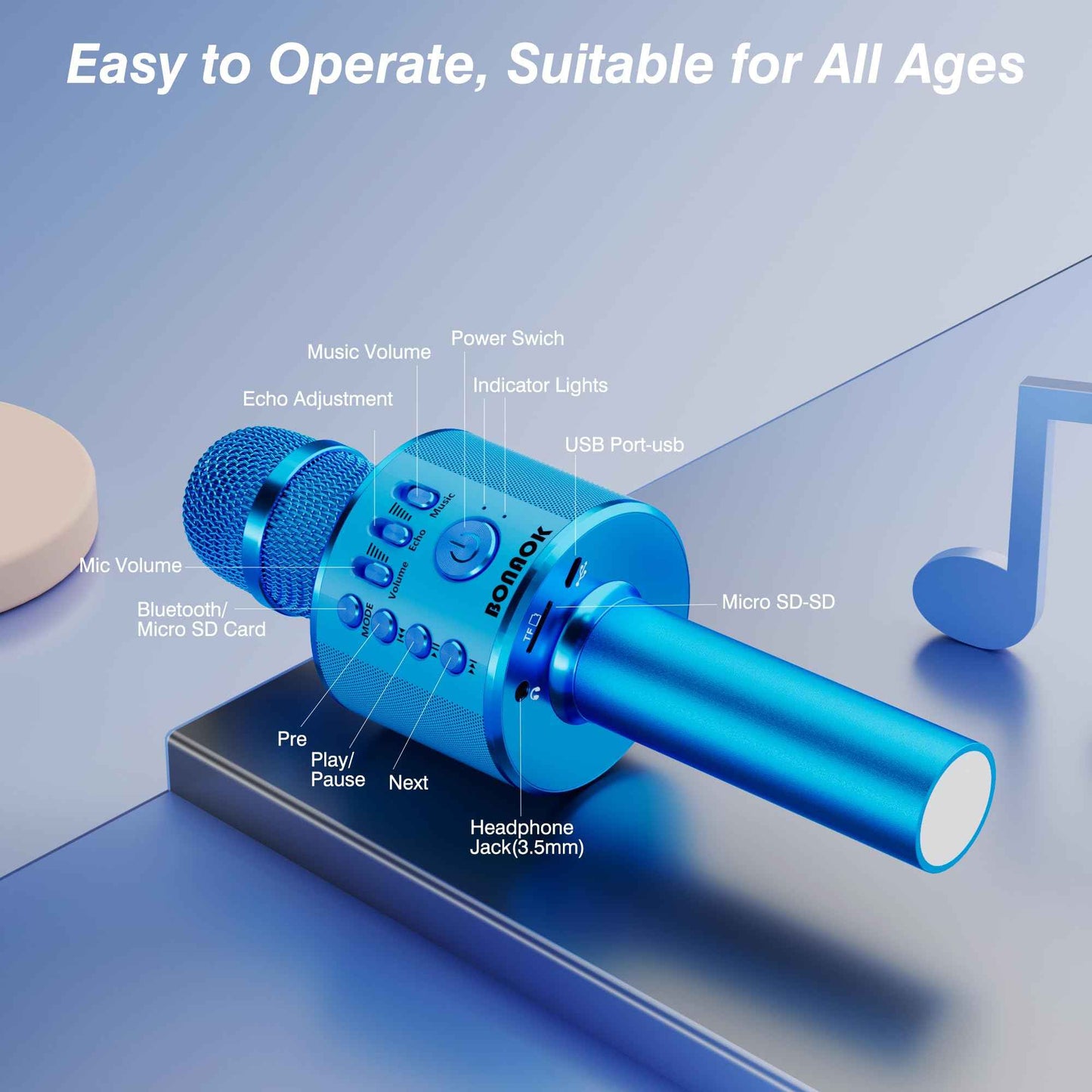 BONAOK Wireless Bluetooth Karaoke Microphone, Portable Toy Microphone for Singing, Gifts to Girls Boys Kids Adults All Age Q37（Bright Purple）