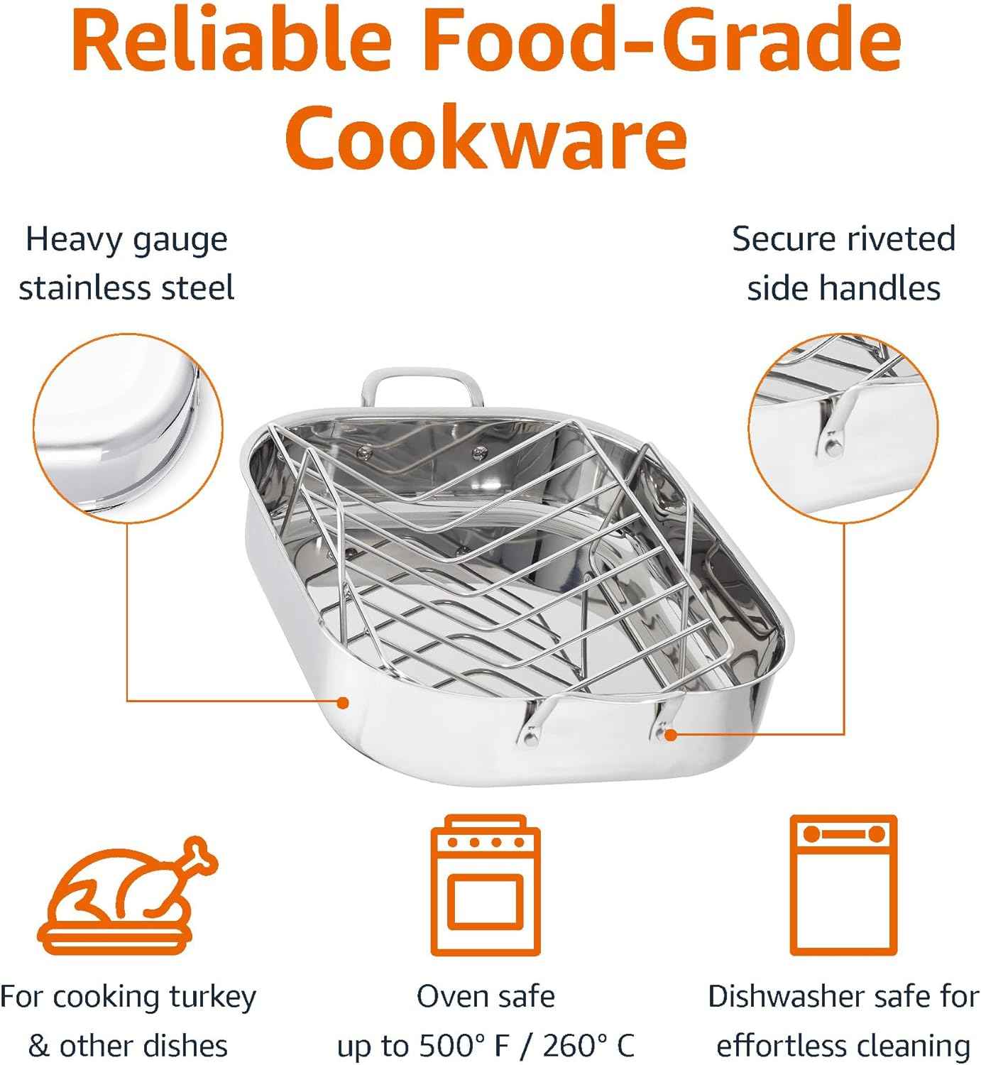 Amazon Basics Stainless Steel Rectangular Roasting Pan with Rack, 16 in