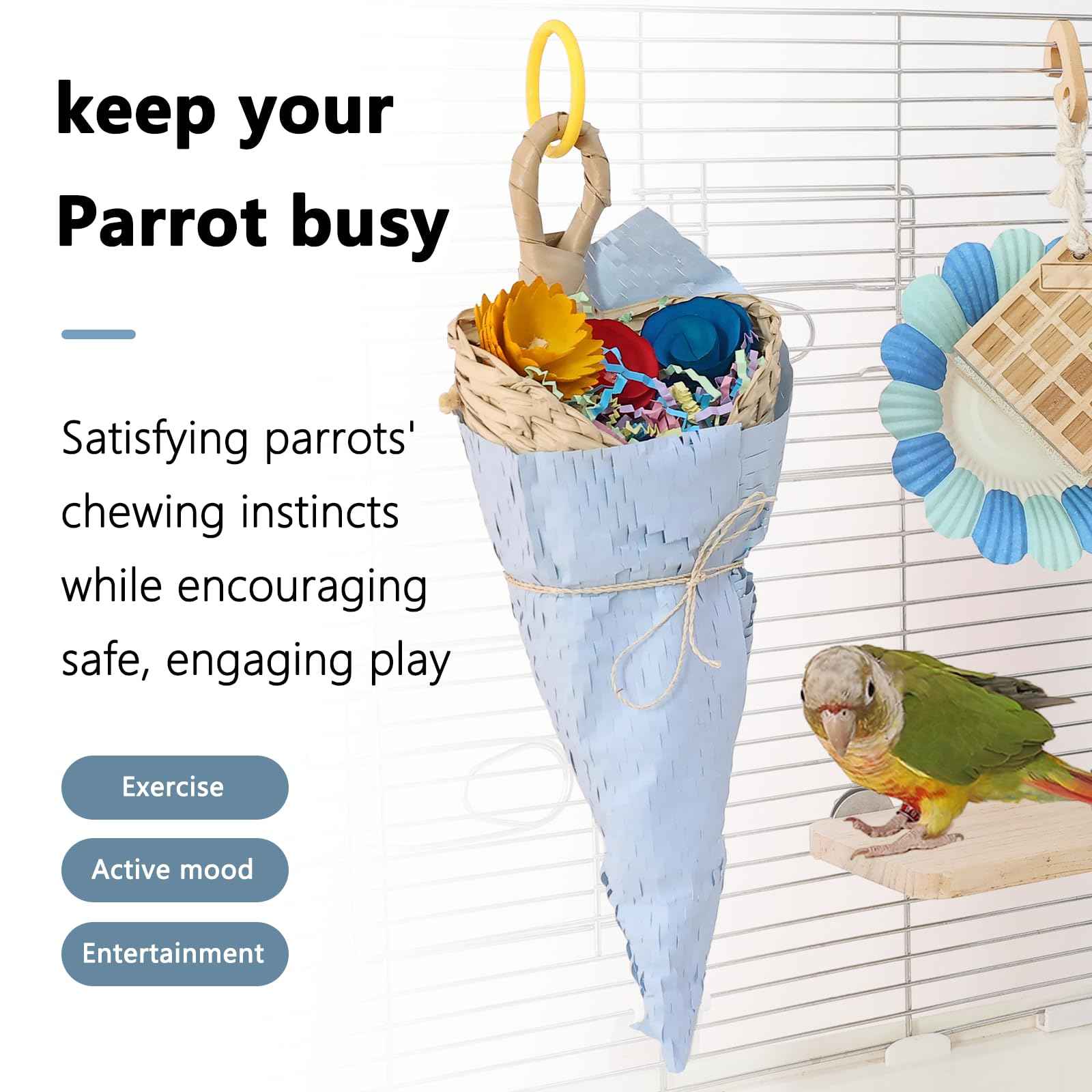 Parrot Chew Toys Set - Natural Wood & Loofah Toys with Plant-Based Dyes, 3 Pack Bird Chew Toys for Cockatiels, Conures & Small Parrots for Cage Enrichment (3 Pieces of Blue Series)