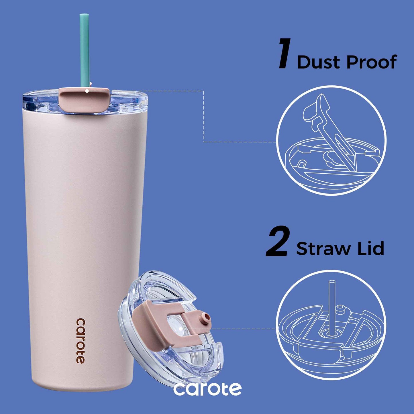 CAROTE 3-Pack Insulated Stainless Steel Water Bottles with Upgraded Leakproof Tech, Travel Coffee Tumplers with Straw, 34/24/24 oz Heart Paradise Straw Tumbler Set of Three (Blue)