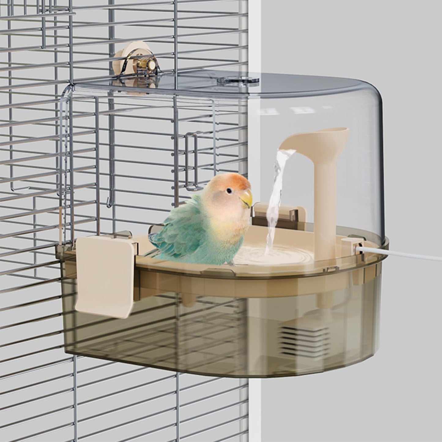 Automatic Bird Baths for Cage – Indoor Parakeet Bath with Pump, Bird Shower with 2 Modes Running Water, Bird Cage Accessory for Pet Birds Conure Budgies Cockatiels Lovebird (Light Brown)