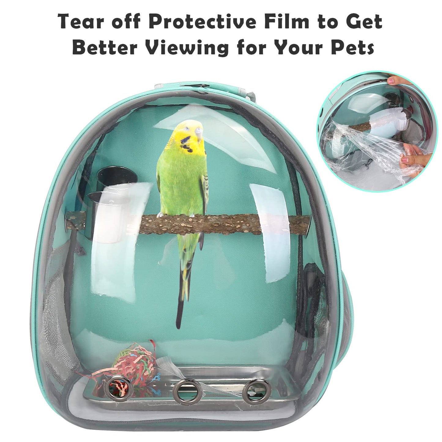 Bird Backpack Carrier with Perch, Portable Bird Travel Cage Bag, Clear Parrot Carrier Cockatiel Cage with Toy Stainless Steel Food Bowl Tray for Conures Parakeet Budgie Canary Lovebirds Small Animals