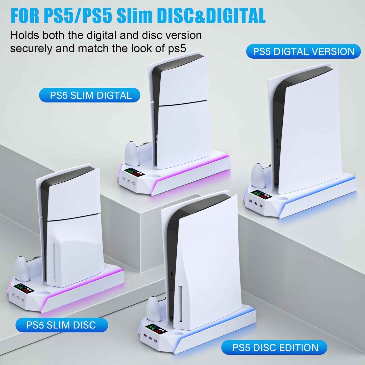 PS5/PS5 Slim/PS5 Pro Stand and Cooling Station with Dual Controller Charging Station for PlayStation 5 Console, PS5 Accessories Incl. Controller Charger, Cooling Fan, Headset Holder, 3 USB Hub, White