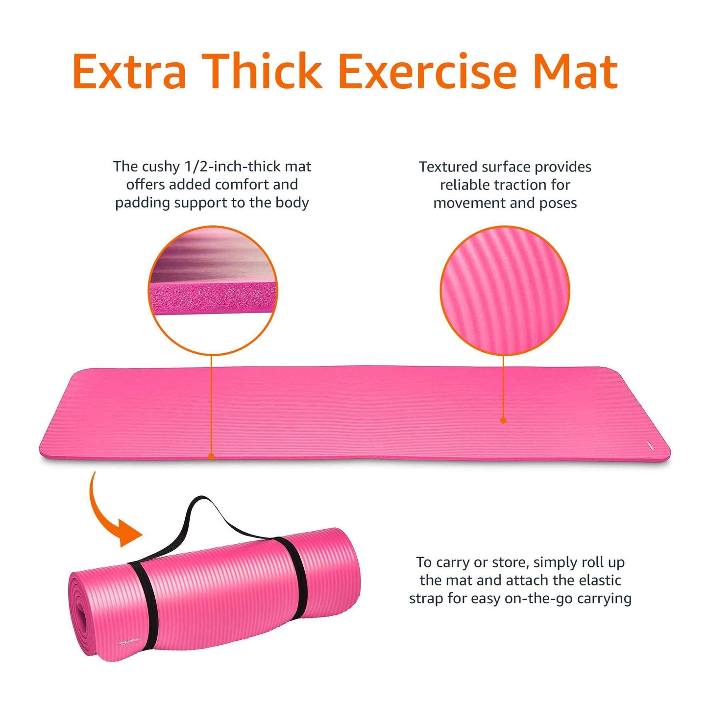 Amazon Basics 1/2 Inch Extra Thick Exercise Yoga Mat with Carrying Strap, Cushioned Support, for Fitness and Gym Workouts