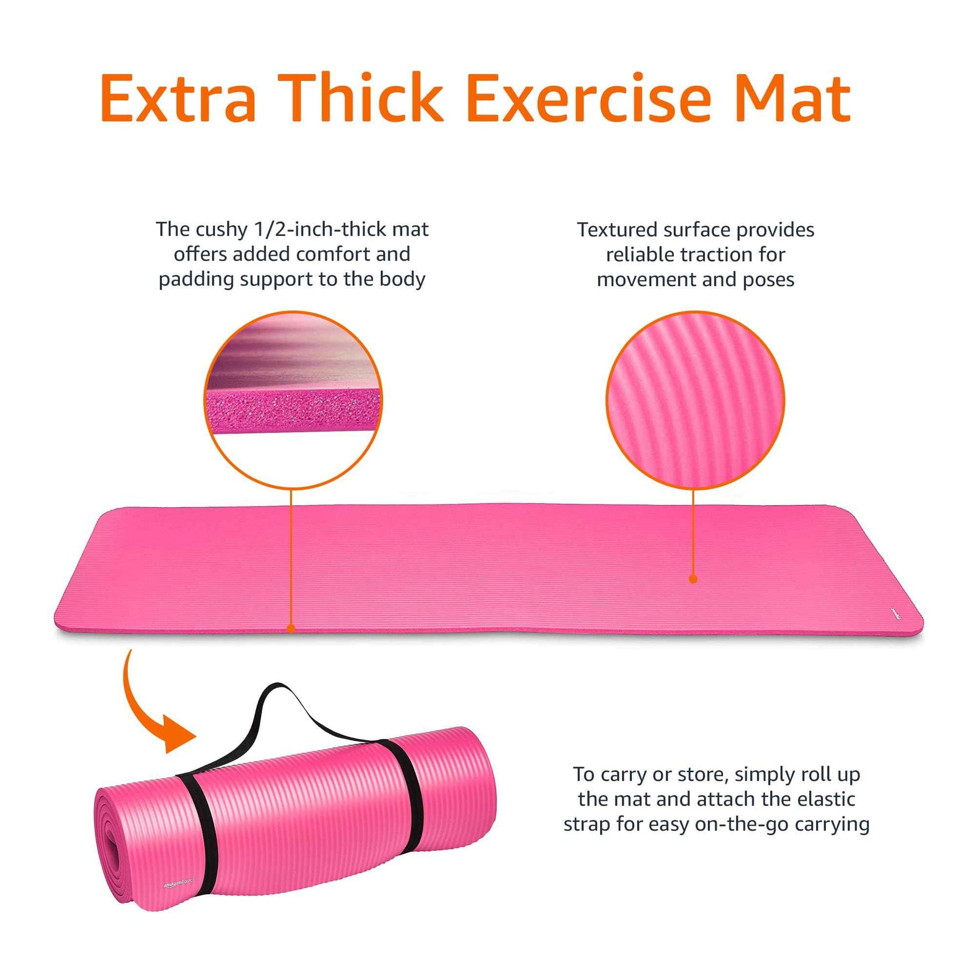 Amazon Basics 1/2 Inch Extra Thick Exercise Yoga Mat with Carrying Strap, Cushioned Support, for Fitness and Gym Workouts