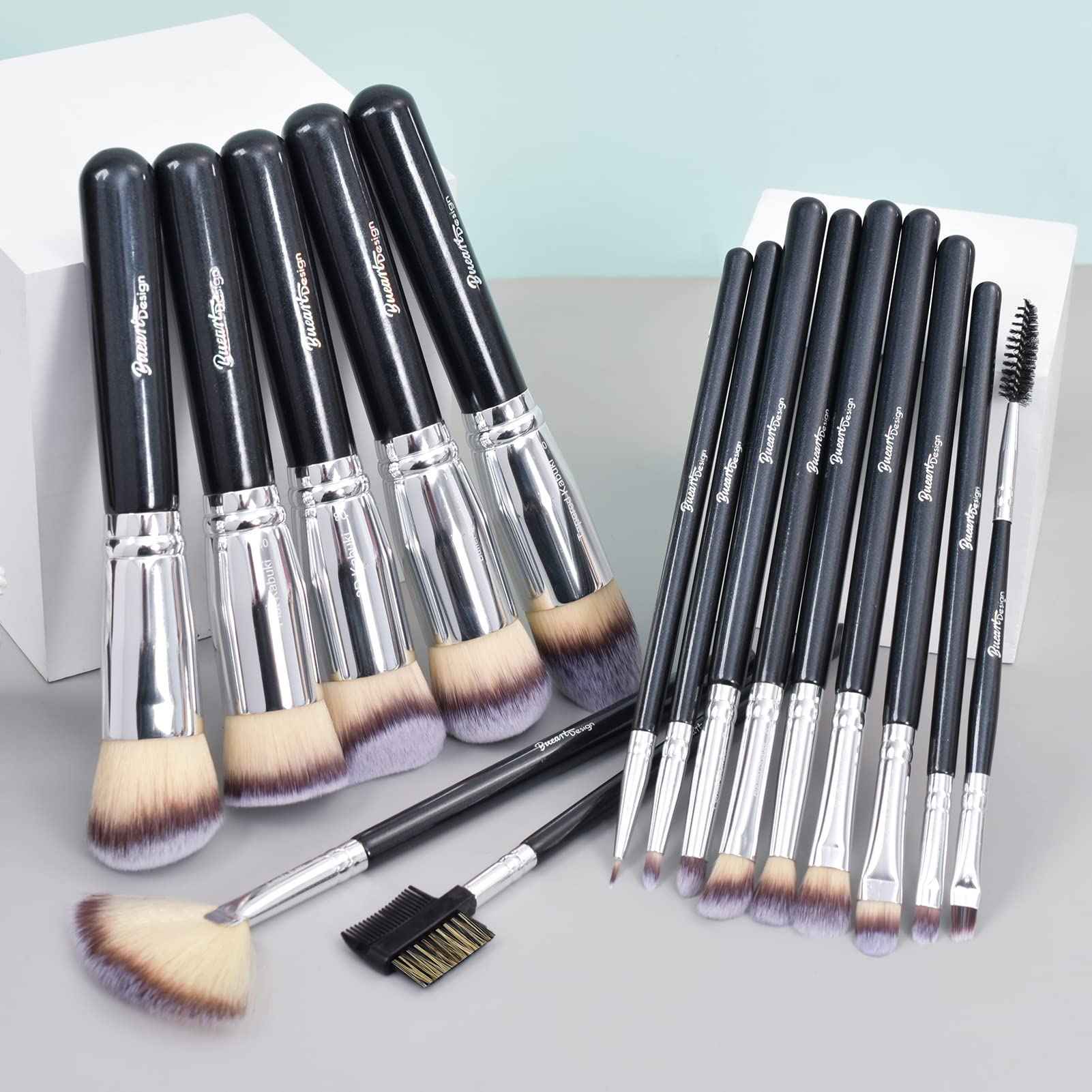 Bueart Design 19Pcs ULTRA SOFT Black labeled DENSE HAIR Makeup Brushes set Contains large powder Flat Foundation Ultimate Blending Make up Brush set Blush Face Brush Concealers contour Eyeshadow