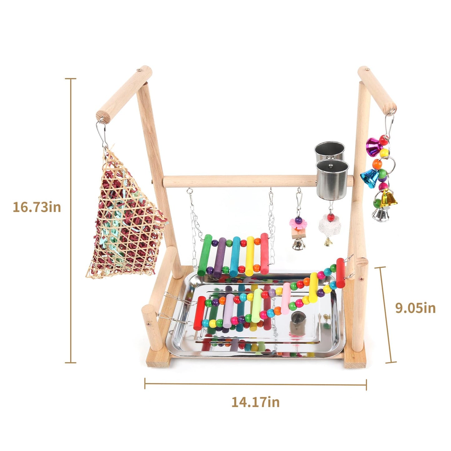 Bird Playground, Parrots Playstand for Small to Medium Birds, Perch Stand with 3 Ladders Playgym with Rope Perch, Swings Feeder Cups Bird Cage Accessories for Conure Cockatiel Lovebirds