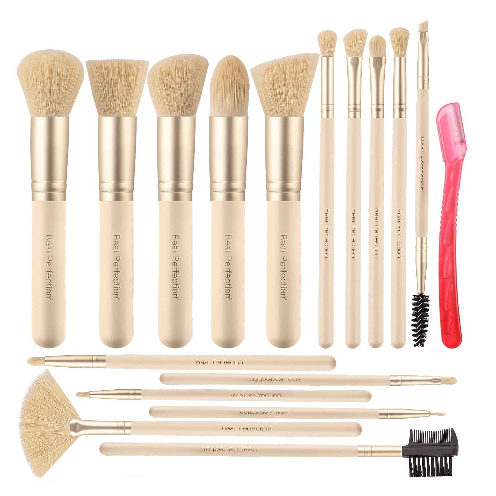 Real Perfection Makeup Brush Set 16 Pcs with 1 Eyebrow Razor Premium Synthetic Foundation Powder Concealers Eyeshadow Blush Makeup Brushes Make up Brushes Kit (Pink)