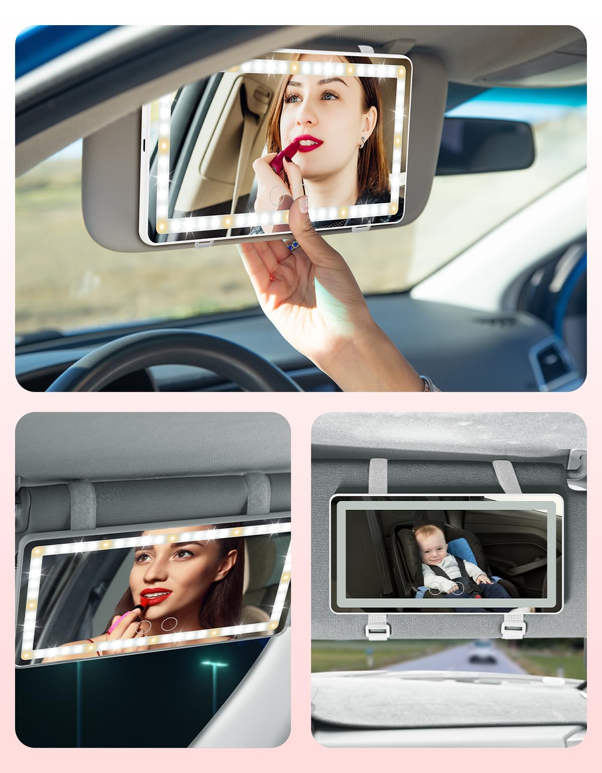 JOYTUTUS Car Sun Visor Vanity Mirror with Lights, 3 Light Modes & 60 LEDs, Rechargeable Dimmable Touch Control Travel Makeup Mirror for Truck SUV