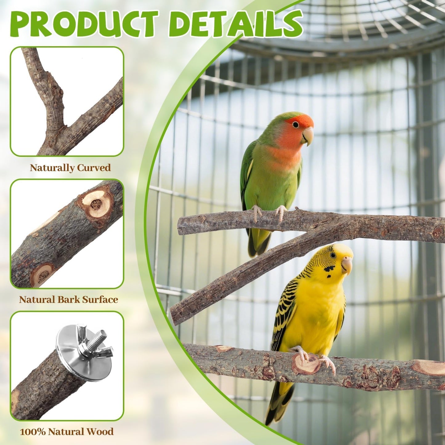 Natural Wood Bird Perches for Cage, Parrot Perch Stand & Platform, Bird Cage Accessories for Parakeets, Cockatiels, Conures, Lovebirds (Brown, Core Perch & Platform - 8PCS)