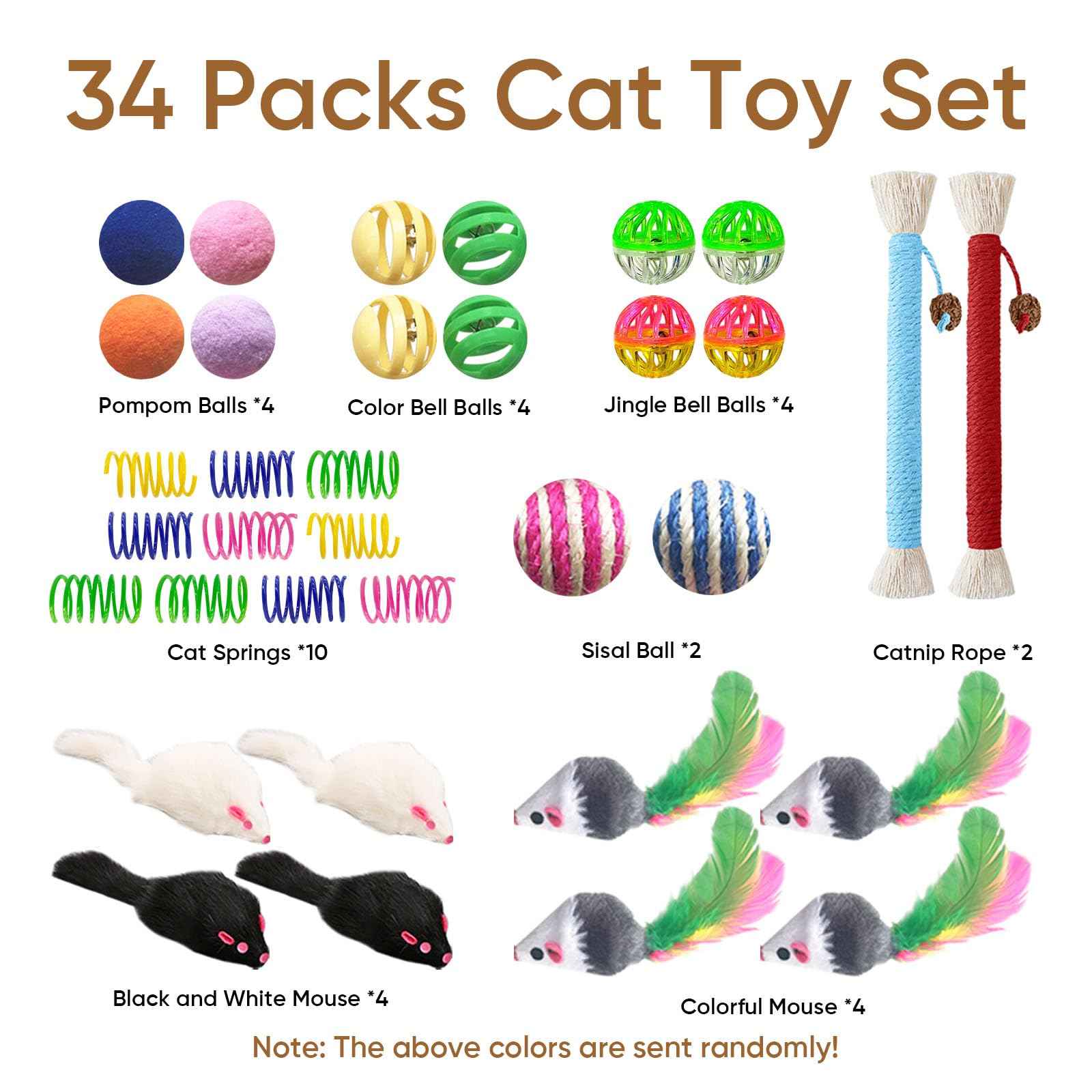 Cat Toys for Indoor Cats - 34 Packs Interactive Set with Colorful Springs, Mouse Toy, Catnip Ropes, Balls, Bells, and Sisal Ball for Kittens