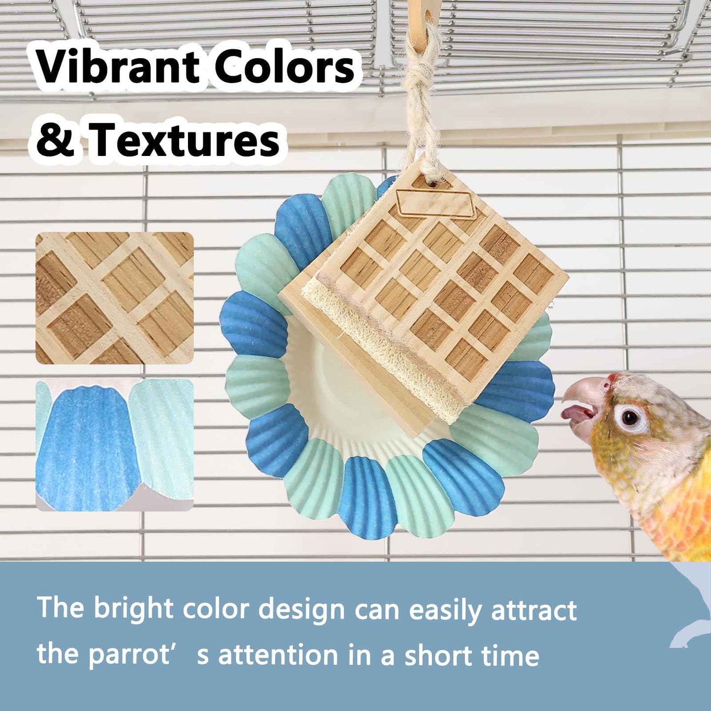 Parrot Chew Toys Set - Natural Wood & Loofah Toys with Plant-Based Dyes, 3 Pack Bird Chew Toys for Cockatiels, Conures & Small Parrots for Cage Enrichment (3 Pieces of Blue Series)