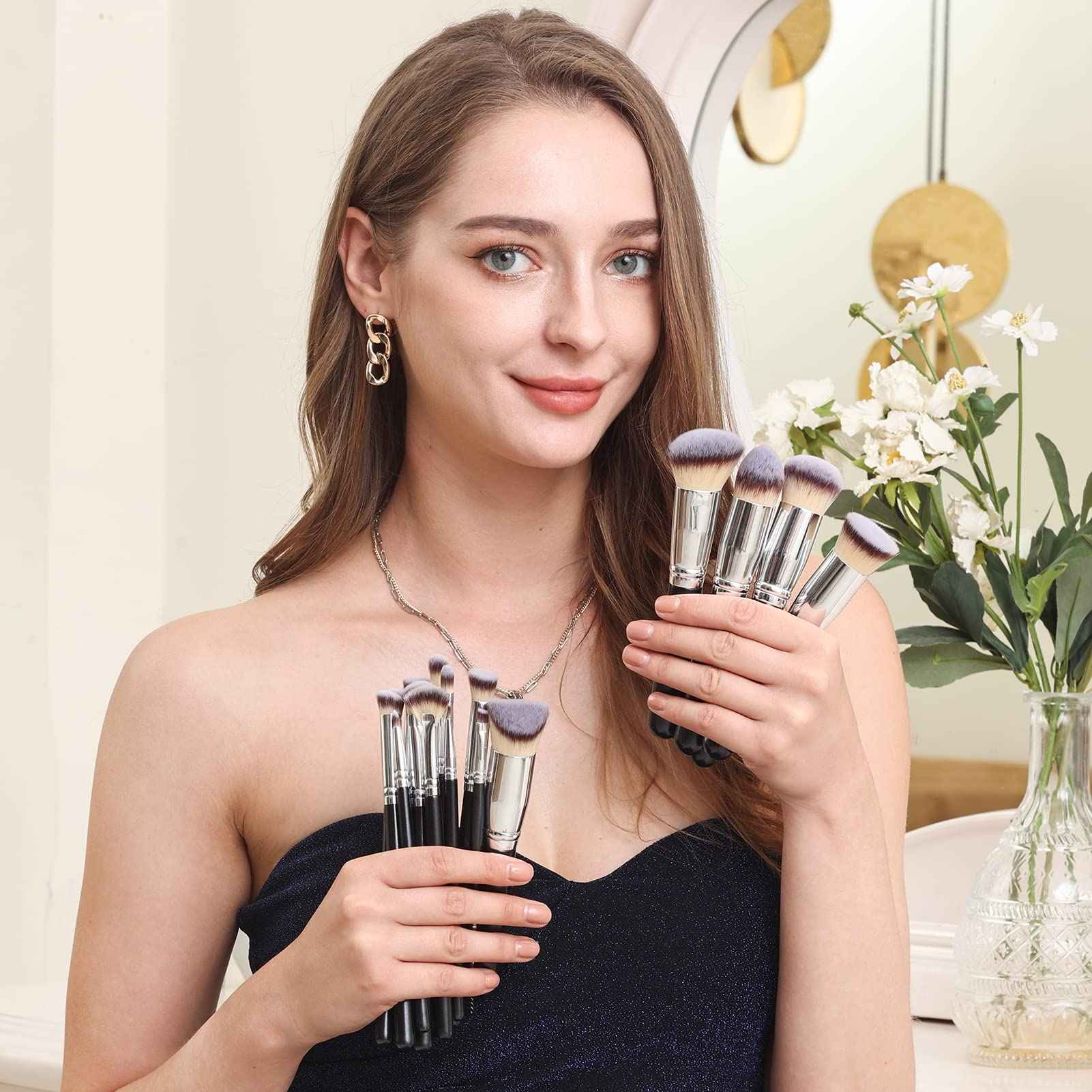 Bueart Design 19Pcs ULTRA SOFT Black labeled DENSE HAIR Makeup Brushes set Contains large powder Flat Foundation Ultimate Blending Make up Brush set Blush Face Brush Concealers contour Eyeshadow