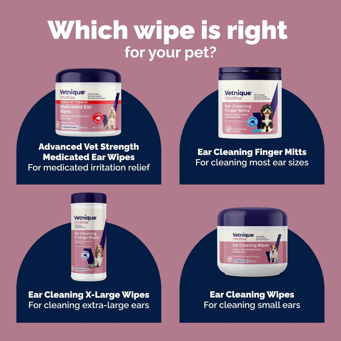 Vetnique Oticbliss Cat & Dog Ear Wipes - Dog Ear Infection Treatment or Dog Ear Cleaner Wipes for Dirty, Waxy, Smelly Dog Ears, Odor Control with Aloe Vera & Salicylic Acid (Finger Mitt Ear Wipes)