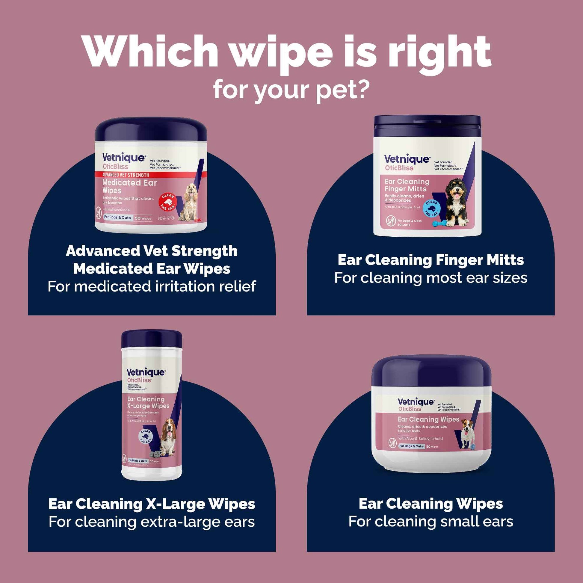 Vetnique Oticbliss Cat & Dog Ear Wipes - Dog Ear Infection Treatment or Dog Ear Cleaner Wipes for Dirty, Waxy, Smelly Dog Ears, Odor Control with Aloe Vera & Salicylic Acid (Finger Mitt Ear Wipes)