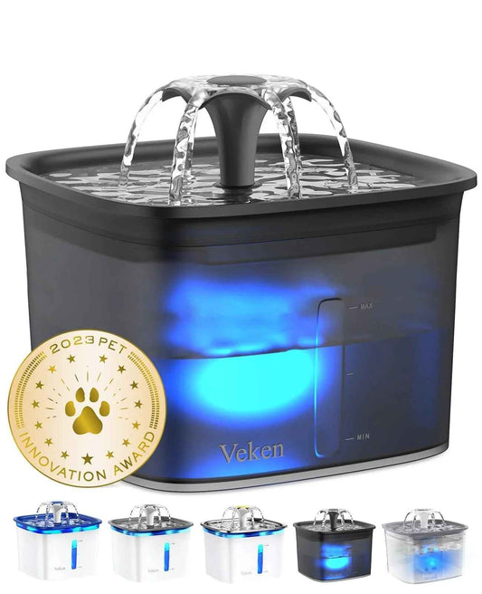 Veken Innovation Award Winner 95oz/2.8L Pet Fountain, Automatic Cat Water Fountain Dog Water Dispenser with Replacement Filters, Gifts for Christmas, Cats, Dogs, Multiple Pets (Grey, Plastic)