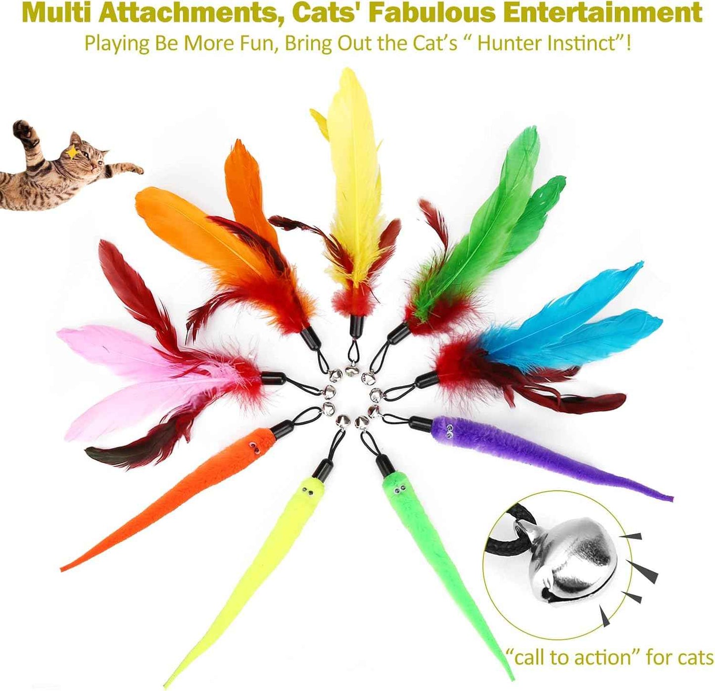 Cat Feather Toy, Retractable Cat Toys Wand 2 Wands & 9 Assorted Teaser Refills, Interactive Feather Teaser Wand Toy Bell Kitten Cat Having Fun Exerciser Playing