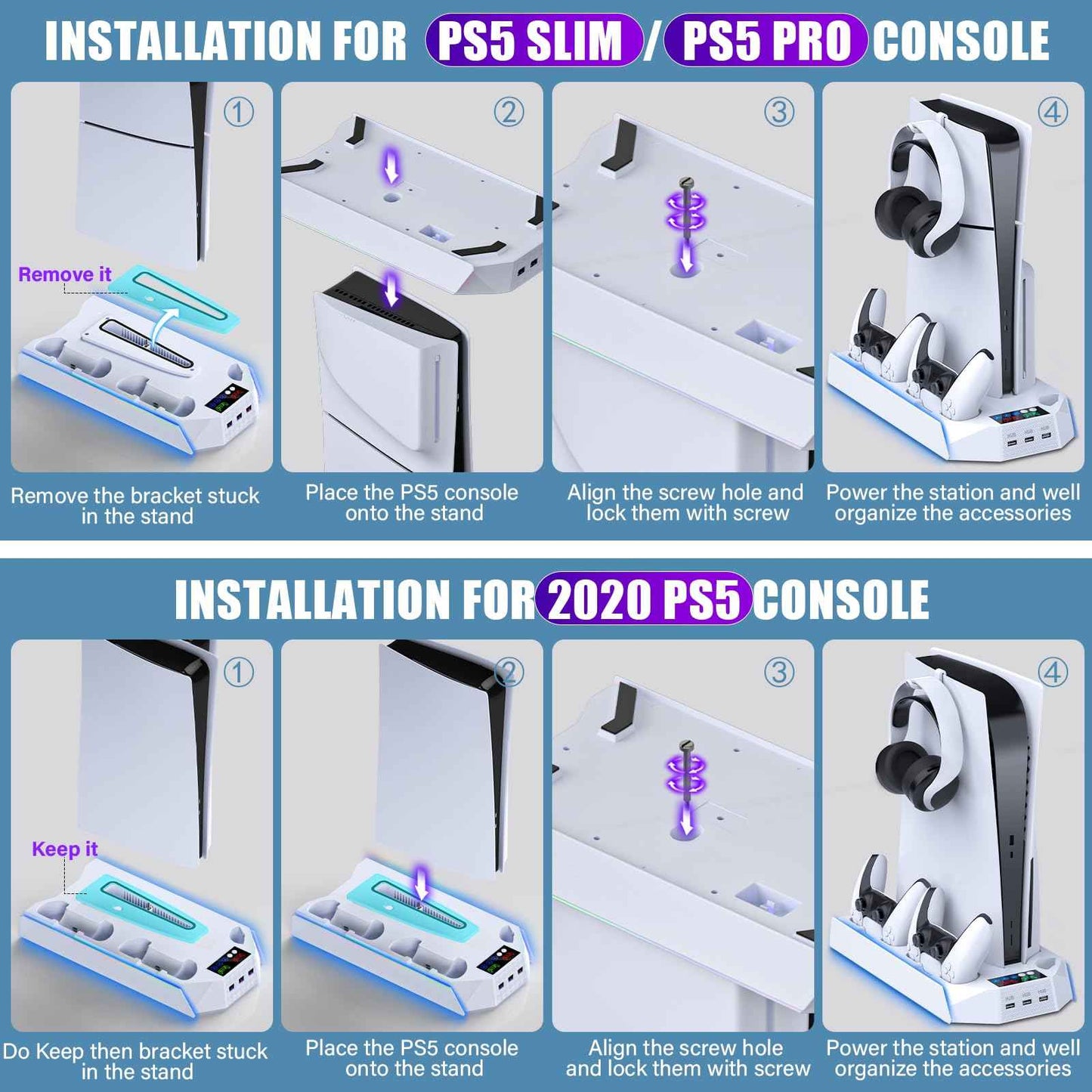 PS5/PS5 Slim/PS5 Pro Stand and Cooling Station with Dual Controller Charging Station for PlayStation 5 Console, PS5 Accessories Incl. Controller Charger, Cooling Fan, Headset Holder, 3 USB Hub, White