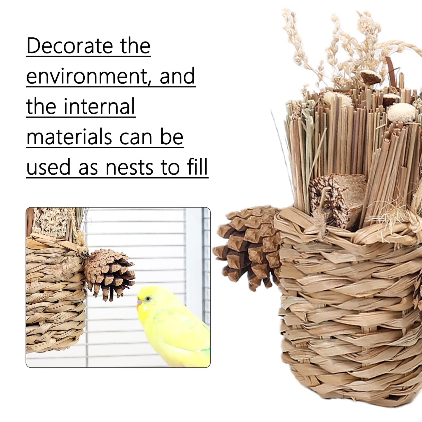 Natural Bird Chew Toys Shreddable Toys Made of Seagrass, Timothy Grass & Corn Leaves with Wood Hook for Cockatiels, Parakeets, Small Medium Birds (Pinecone Woven Basket)