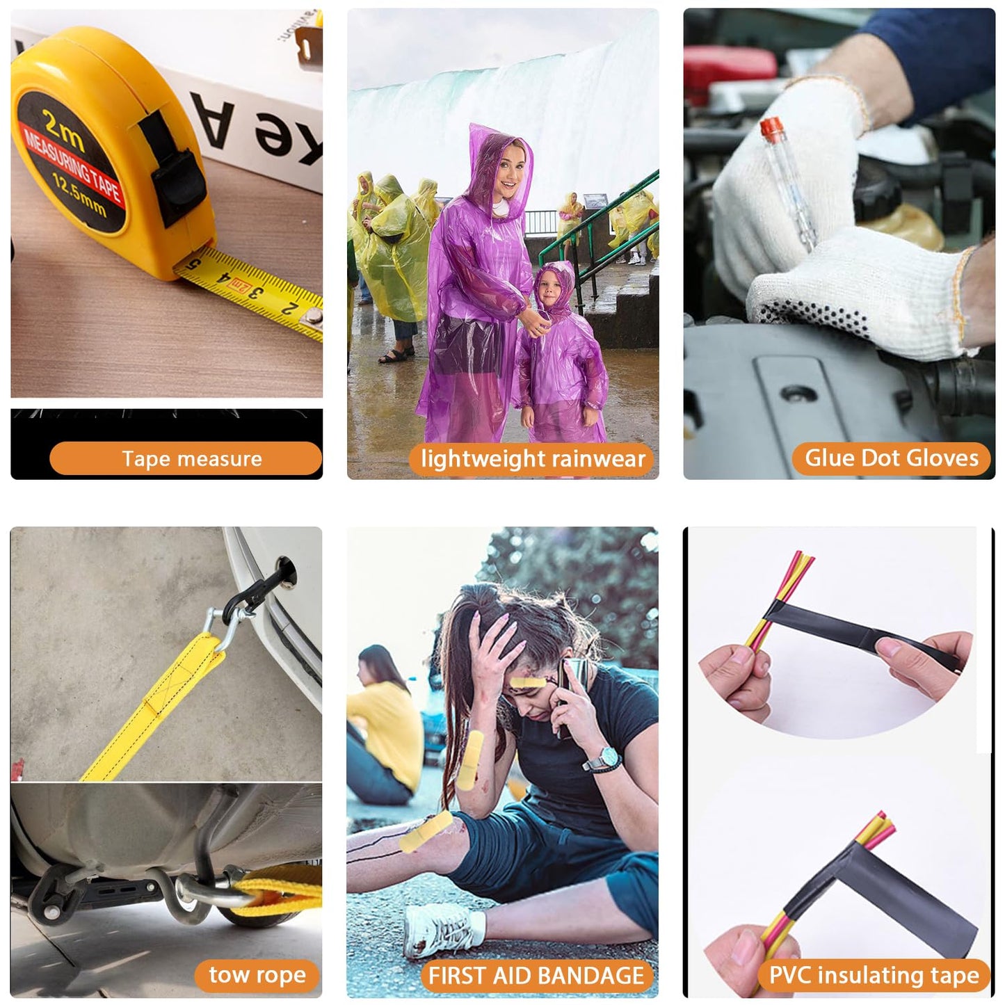 Car Roadside Emergency Kit, with Jumper Cables Automotive Kit,Car Safety Roadside Assistance Kit Headlamp,Tow Straps, Safety Hammers, Rainwear, Gloves.Black