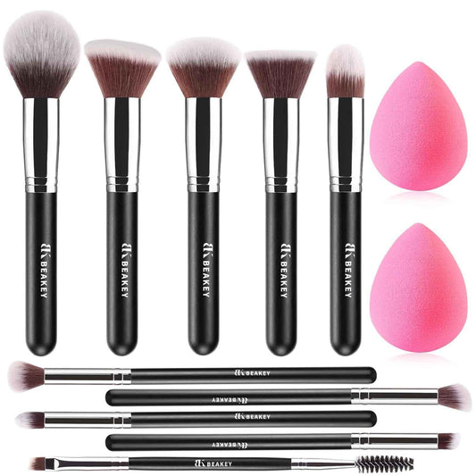 BEAKEY Makeup Brushes Set, Professional Foundation Eyeshadow Concealer Blush Powder Bronzer Applicator, 2 Blender Sponge with Beauty Paper Case stocking stuffers