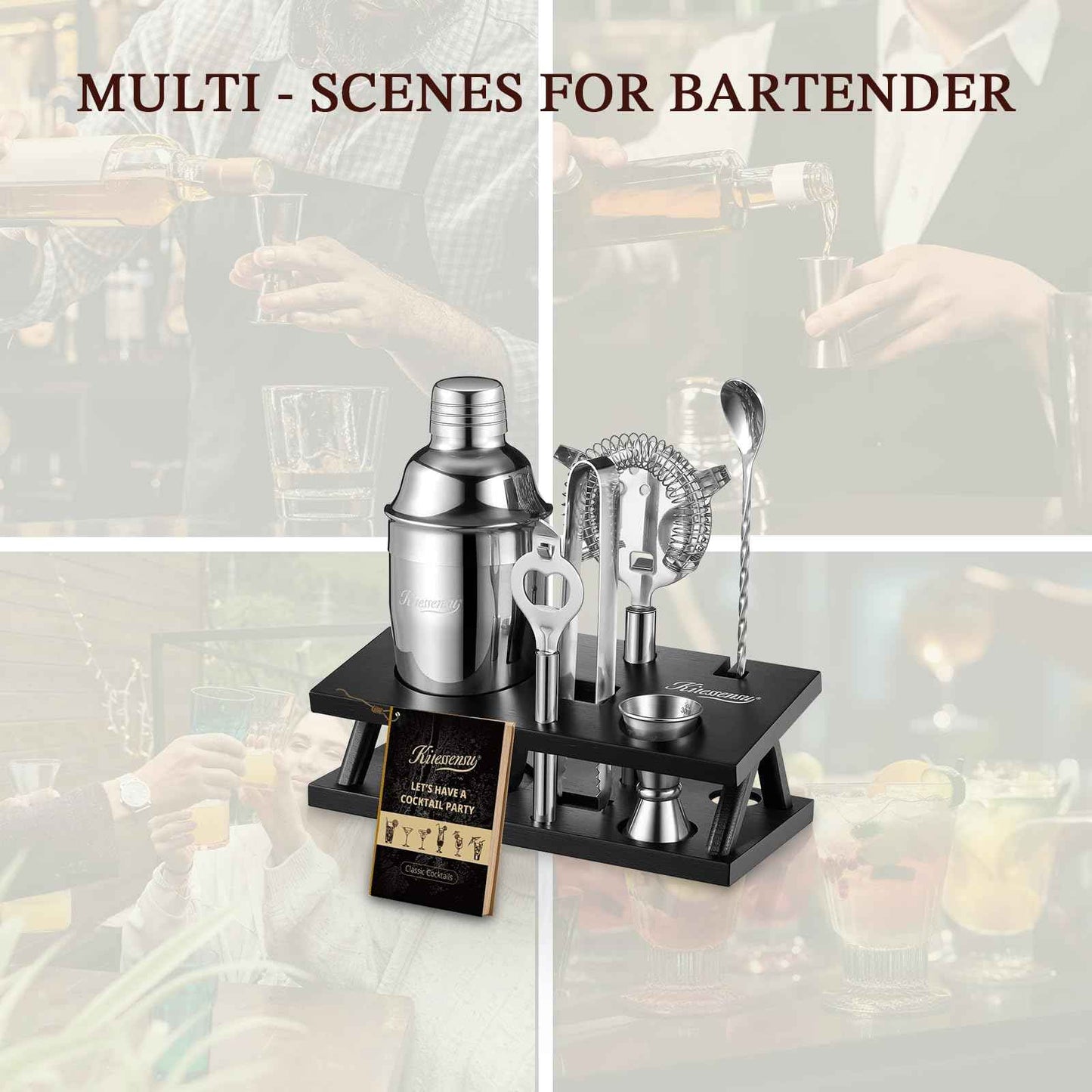 KITESSENSU Cocktail Shaker Set Bartender Kit with Stand | Bar Set Drink Mixer Set with All Essential Accessory Tools: Martini Shaker, Jigger, Strainer, Mixer Spoon, Muddler, Liquor Pourers |Silver