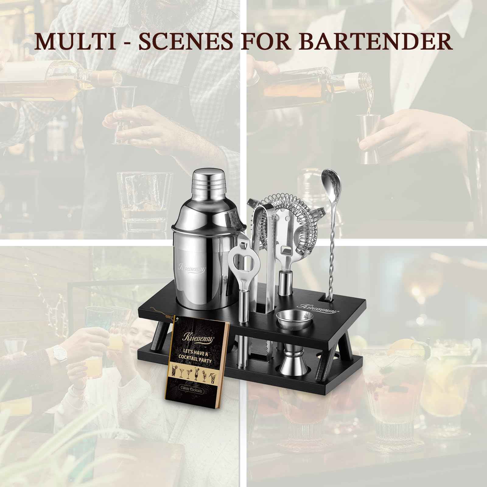KITESSENSU Cocktail Shaker Set Bartender Kit with Stand | Bar Set Drink Mixer Set with All Essential Accessory Tools: Martini Shaker, Jigger, Strainer, Mixer Spoon, Muddler, Liquor Pourers |Silver