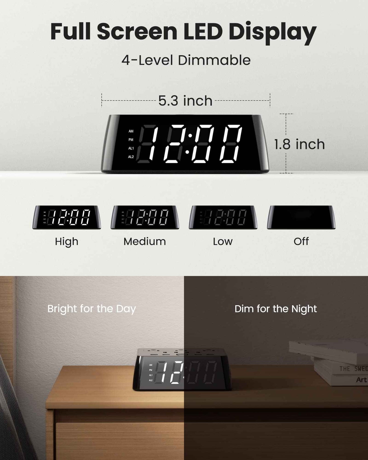 JACKYLED Alarm Clock with 4 USB Chargers Power Strip 3 Outlets 1700J Surge Protector Nightstand Dimmable Digital Clock with Dual Alarm and Snooze Function for Bedroom, Full Screen LED Display