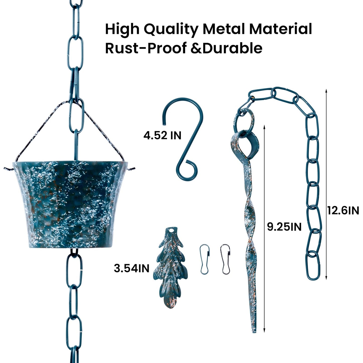 Rain Chain Bird Cage Set 8.5Ft, Not Rust Wrought Iron Rain Chains for Gutters with Adapter Gotta Drain and Sturdy Anchoring Stake,13 Cups, 1 Hook, Adjustable Length for Garden Decorative (Coffee)