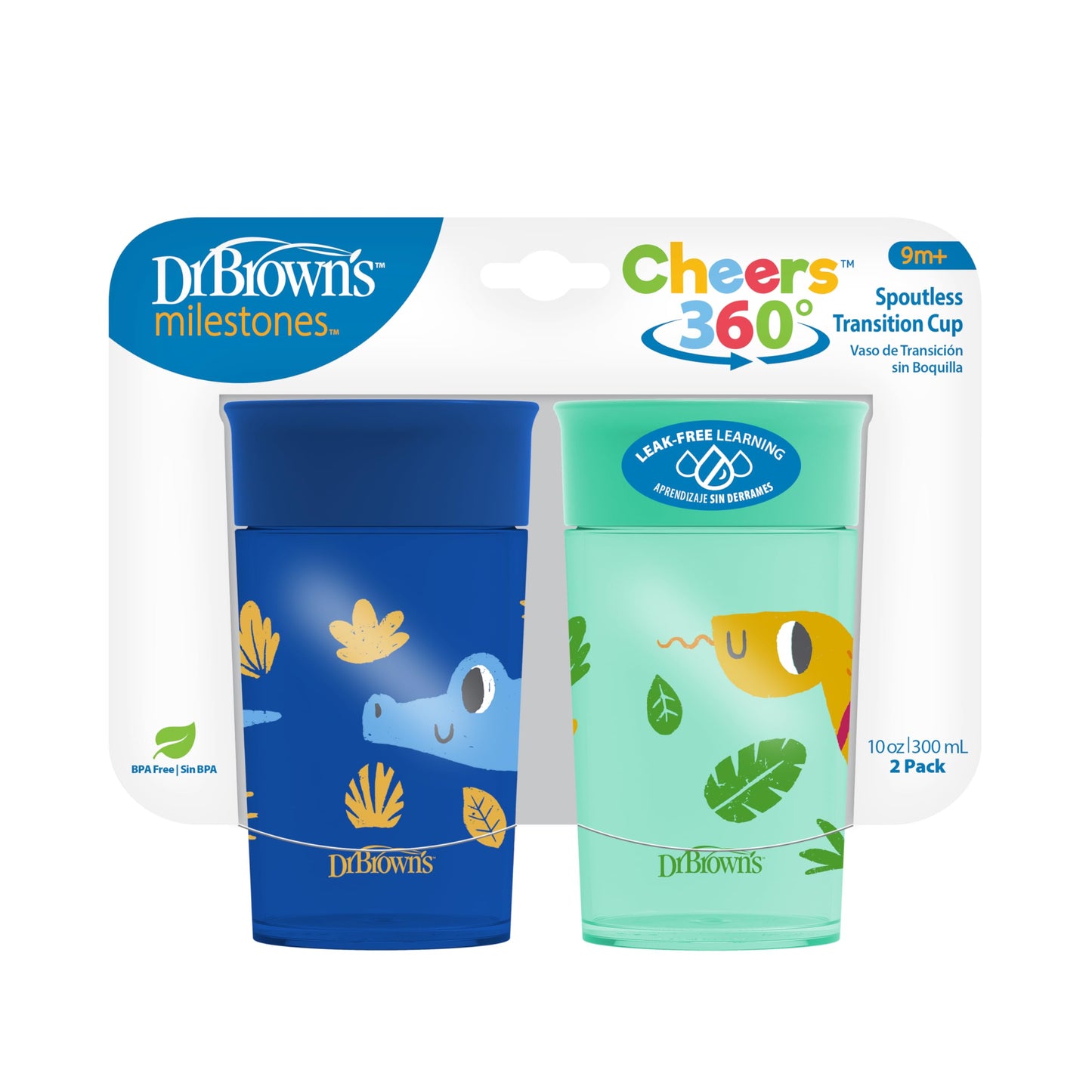 Dr. Brown's Polypropylene (PP) Milestones Cheers 360 Sippy Training Cups for Babies and Toddlers - Blue/Green - 10oz - 2-Pack - 9m+