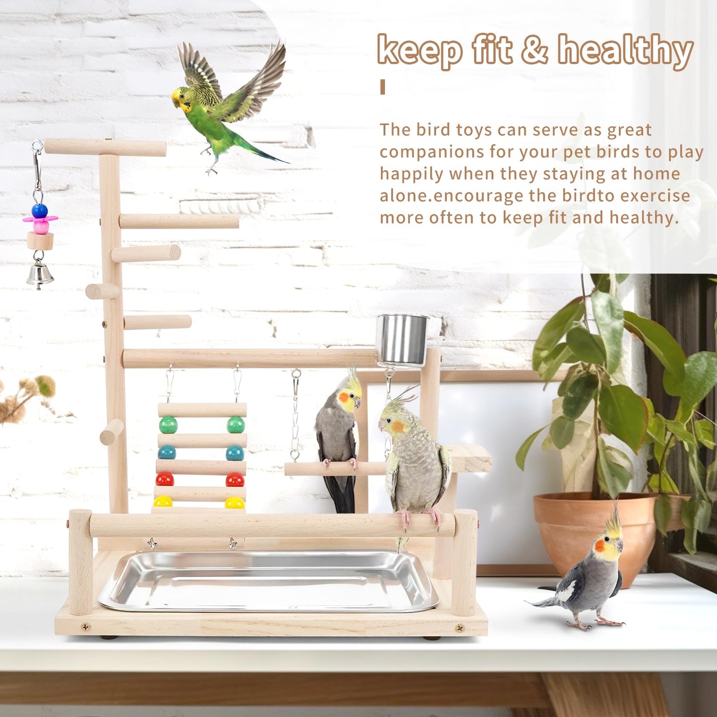 Bird Playground, Parrots Playstand for Small to Medium Birds, Perch Stand with 3 Ladders Playgym with Rope Perch, Swings Feeder Cups Bird Cage Accessories for Conure Cockatiel Lovebirds