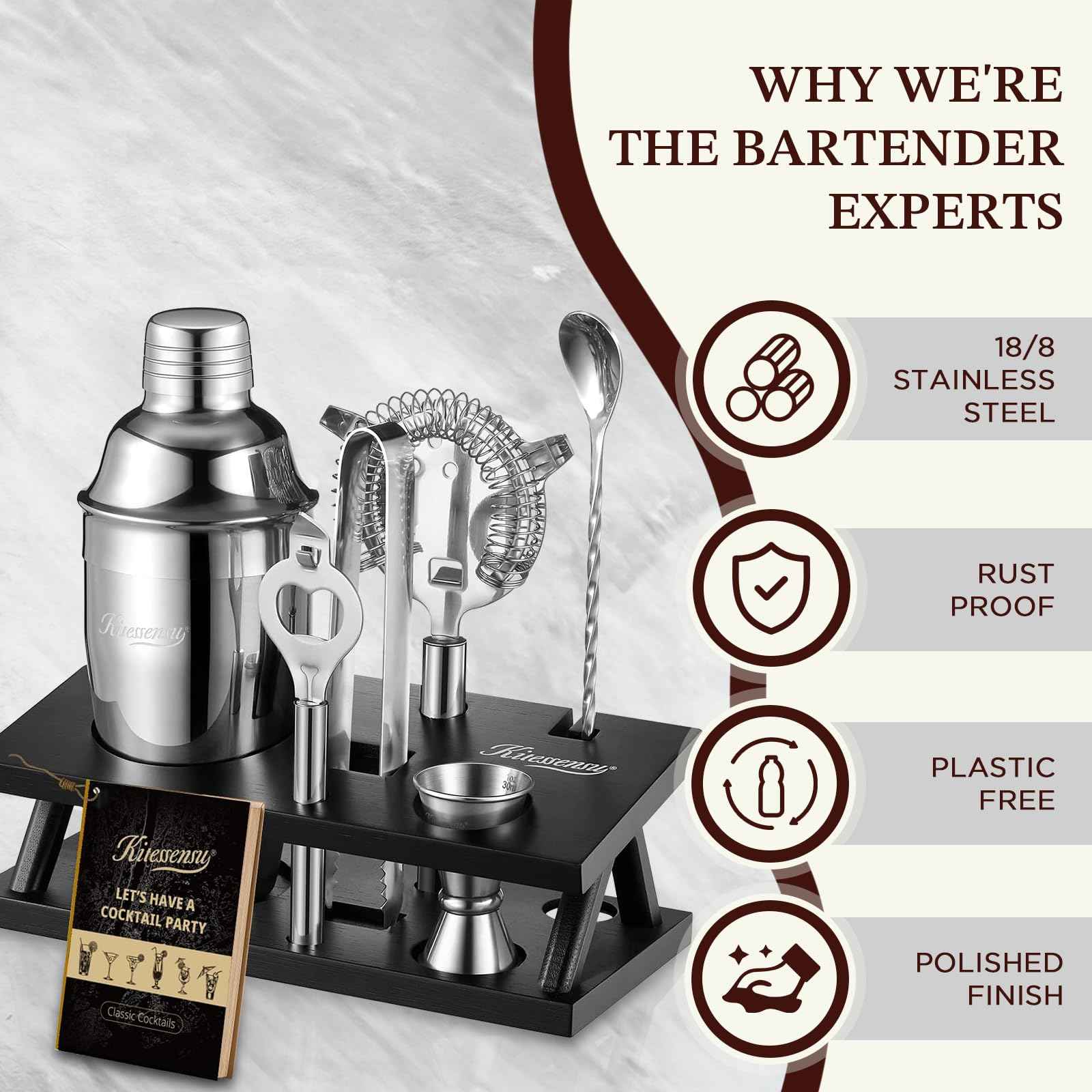 KITESSENSU Cocktail Shaker Set Bartender Kit with Stand | Bar Set Drink Mixer Set with All Essential Accessory Tools: Martini Shaker, Jigger, Strainer, Mixer Spoon, Muddler, Liquor Pourers |Silver