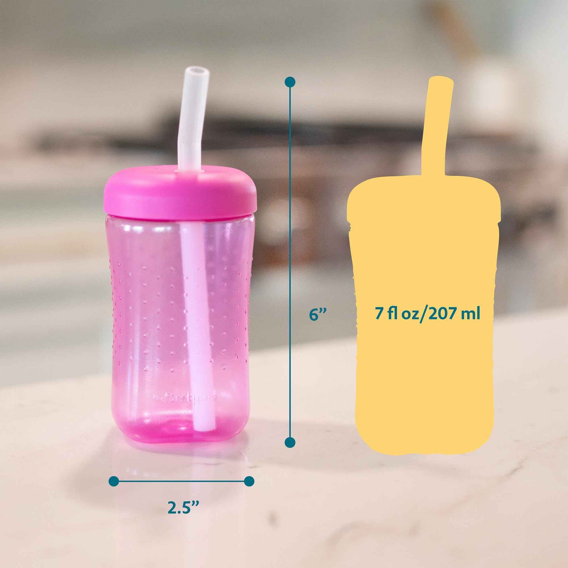 The First Years Squeeze & Sip Toddler Straw Cups - Squeezable Transition Sippy Cup with Silicone Straw - Toddler Feeding Supplies - Pink/Purple/Blue - 7 Oz - 3 Count - Ages 6 Months and Up