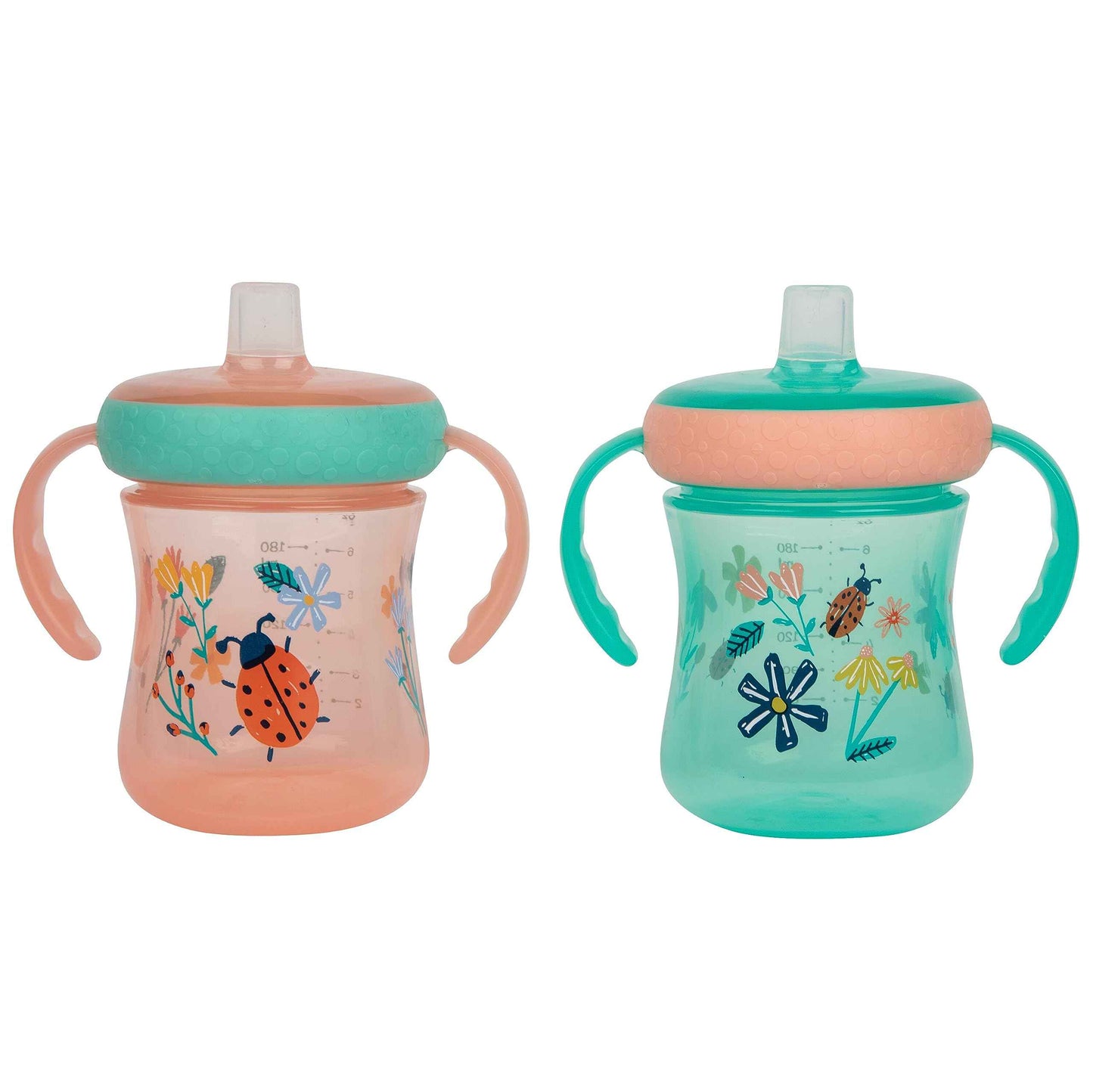 The First Years - Soft Spout Sippy Cup - Toddler Trainer Cup for 6+ Months -With Handles and Leak Proof Lid - 7 Oz - Floral Ladybug Print - 2 Count