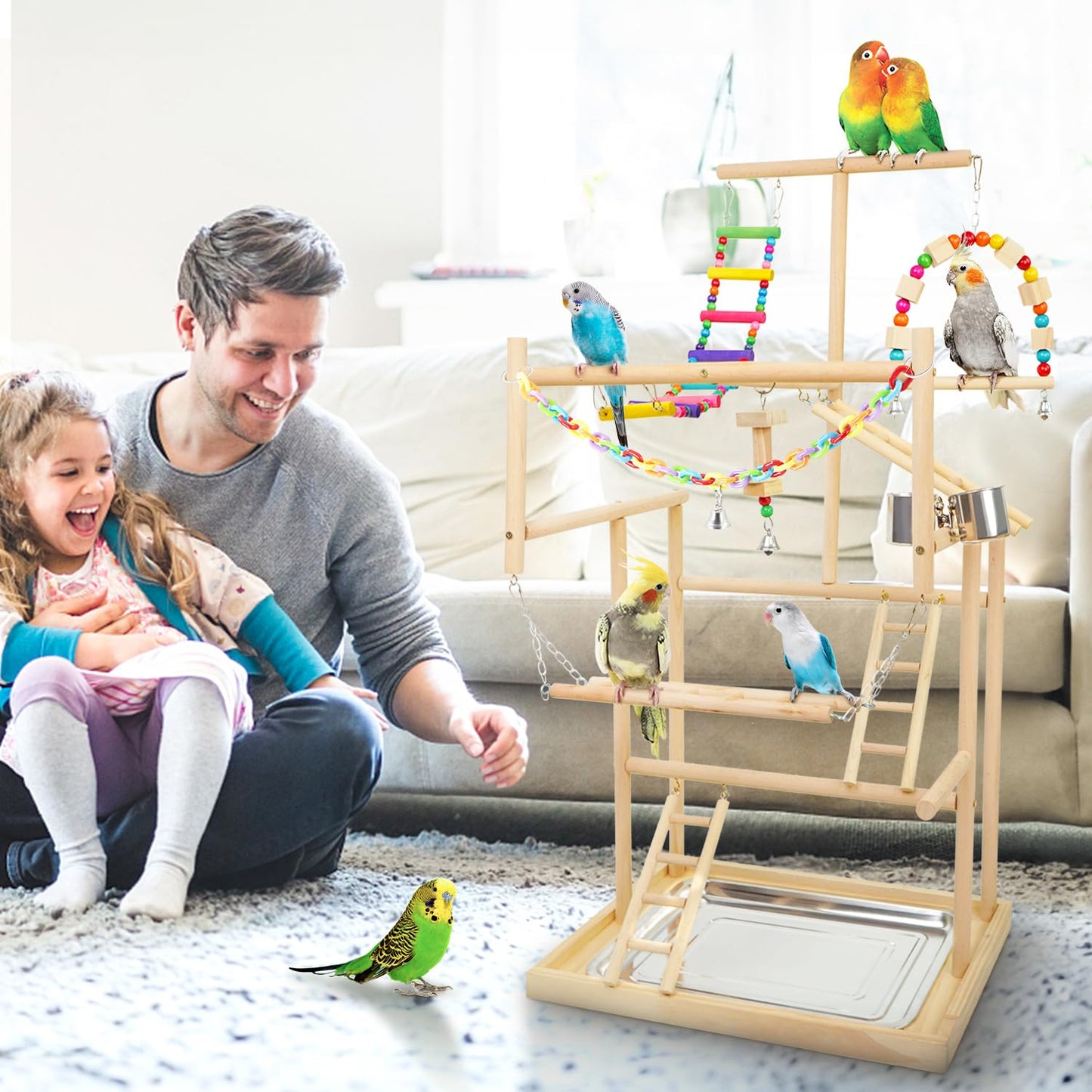Bird Playground, Parrots Playstand for Small to Medium Birds, Perch Stand with 3 Ladders Playgym with Rope Perch, Swings Feeder Cups Bird Cage Accessories for Conure Cockatiel Lovebirds