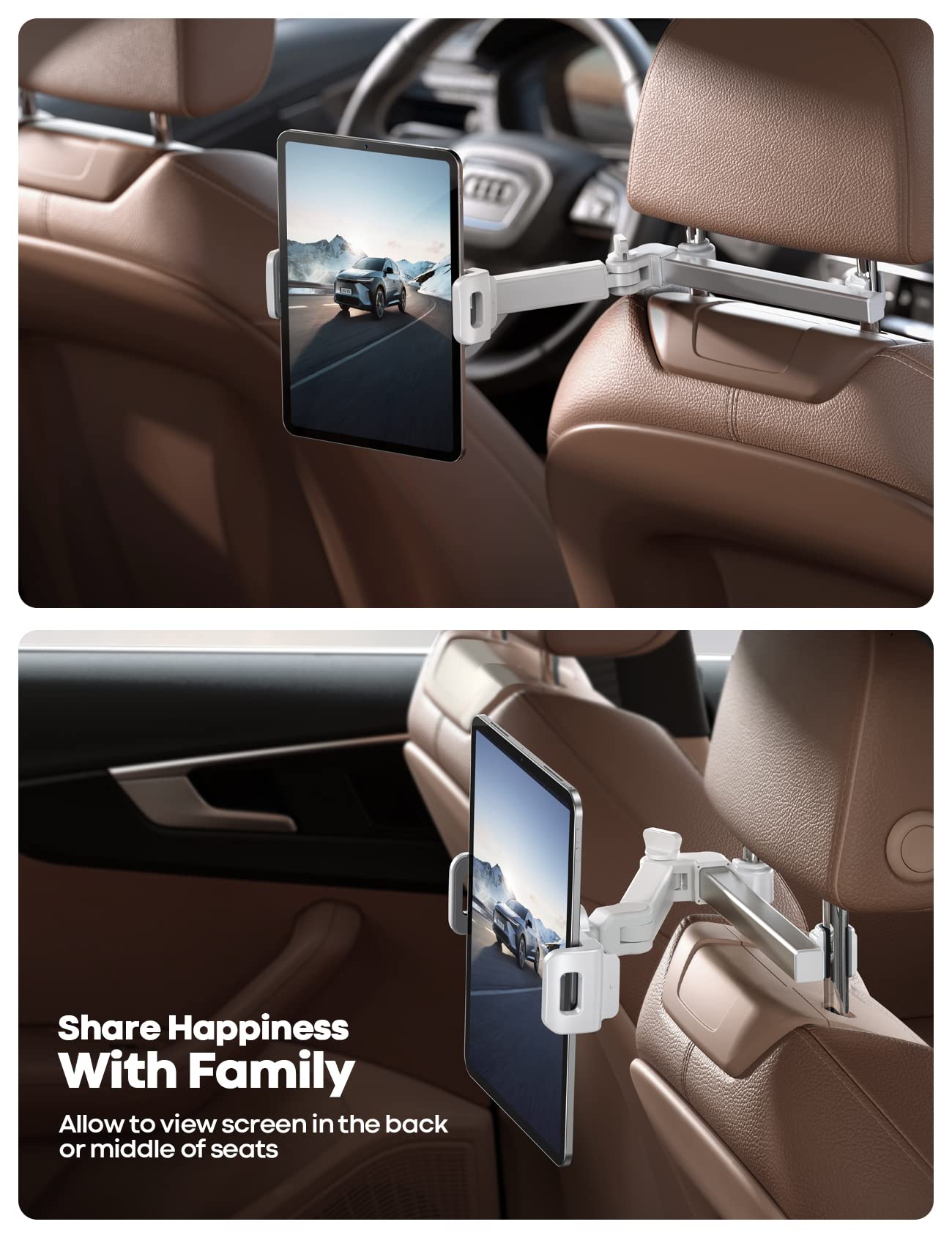 Lamicall Car Headrest Tablet Holder - [3 in 1 Extension Arm] Adjustable Tablet Car Mount for Back Seat, Road Trip Essentials for Kids, for 4.7-11" Device Like iPad Pro, Air, Mini, Galaxy, Fire, Black