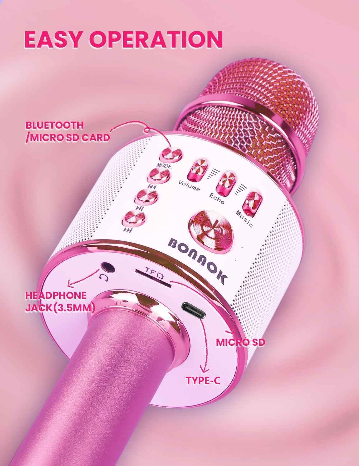 BONAOK Wireless Bluetooth Karaoke Microphone, Portable Toy Microphone for Singing, Gifts to Girls Boys Kids Adults All Age Q37（Bright Purple）