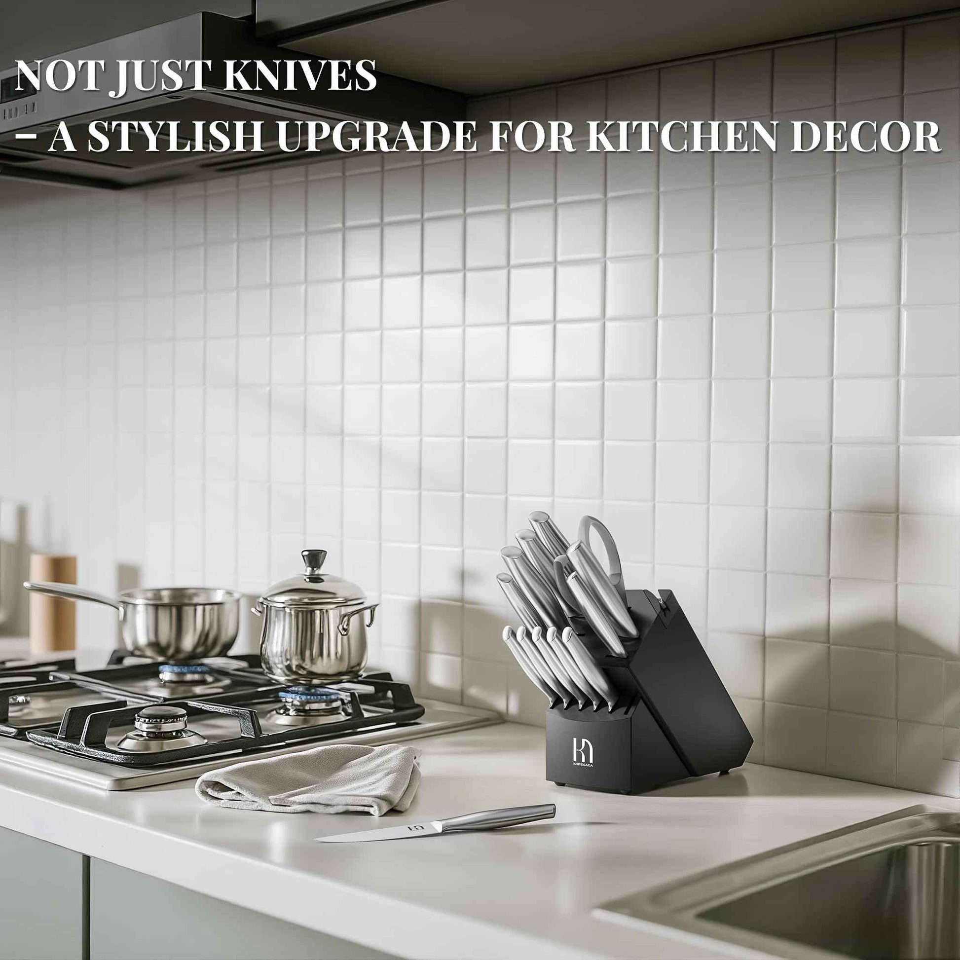 Knife Set Premium, Japanese 14 Pcs Kitchen Knife Block Set Enduring Razor Sharp High Carbon Stainless Steel, Black Chef Knives Set with Built-in Sharpener and Quality Acacia Wood Block