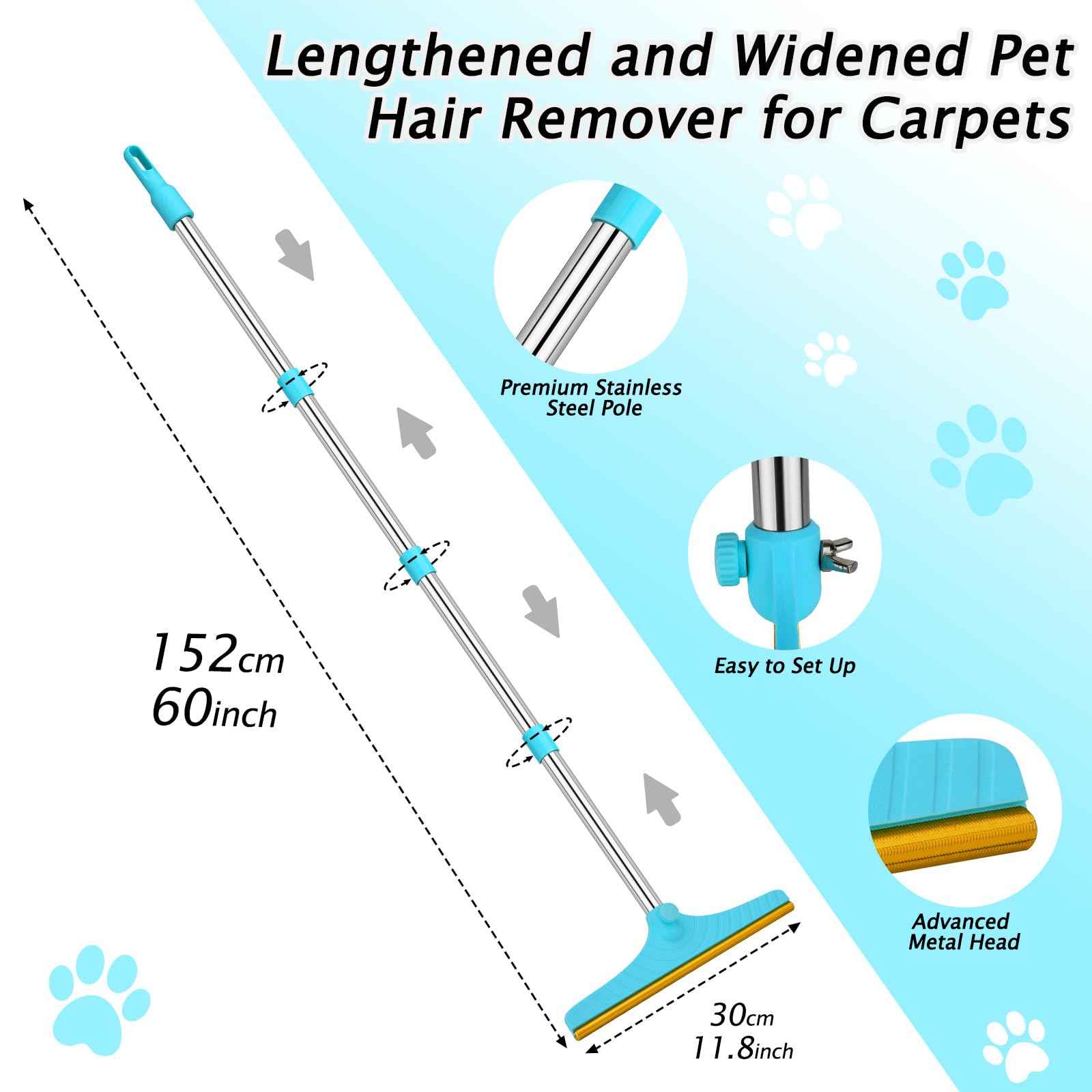 Carpet Rake for Pet Hair Removal - Reusable Pet Hair Remover, 60” Adjustable Long Handle Cat Dog Carpet Rake Scraper with Patented Design, Dog Hair Rake Brush for Rugs, Mats