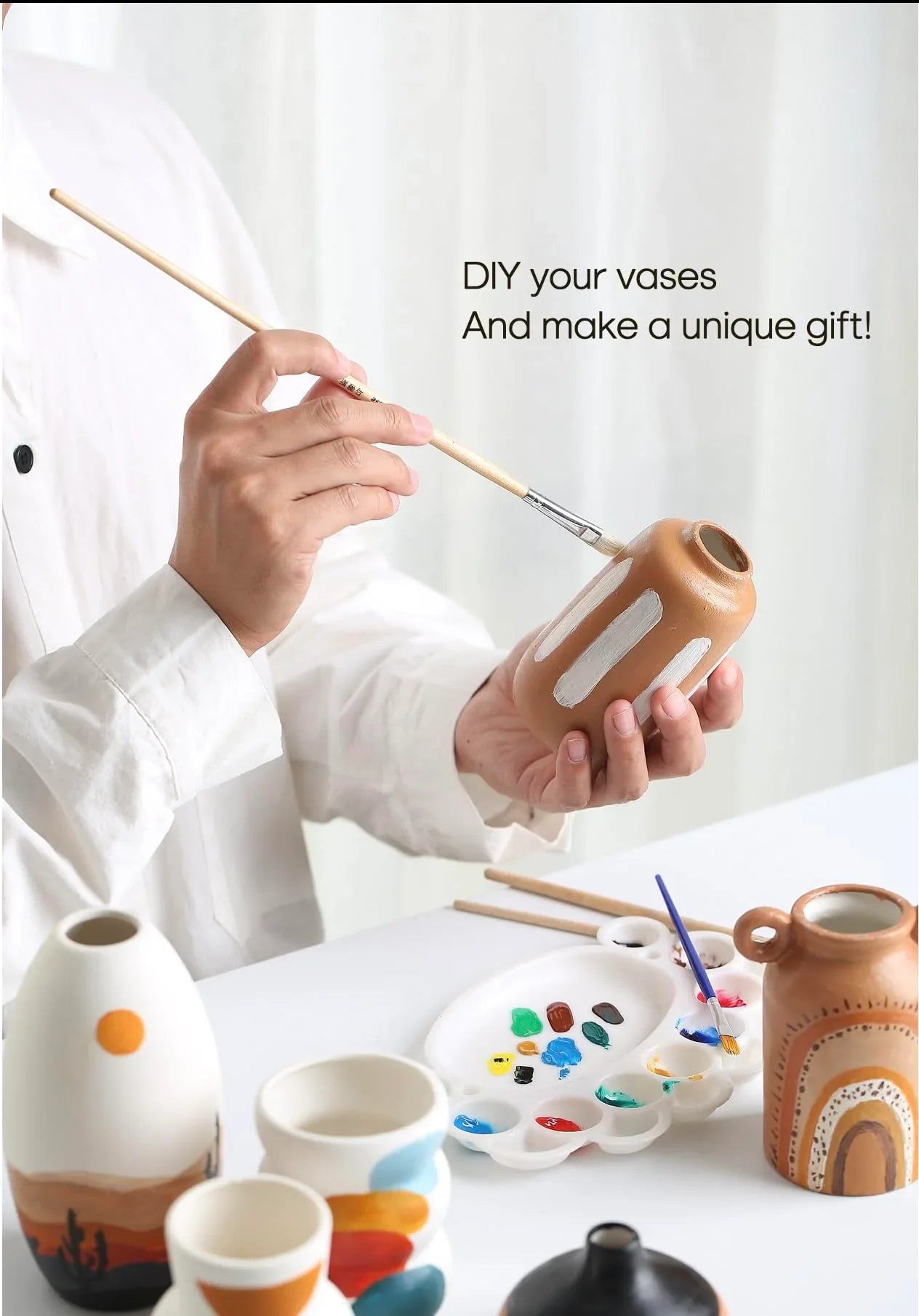 Set of 8 White Ceramic Vases for Dried Pampas Grass Flowers, Aesthetic Boho Modern Decor for Farmhouse Living Room Coffee Table Shelf Fireplace Centerpiece Bedroom Office Desk Home DIY Gifts - Jlhbookstore.store