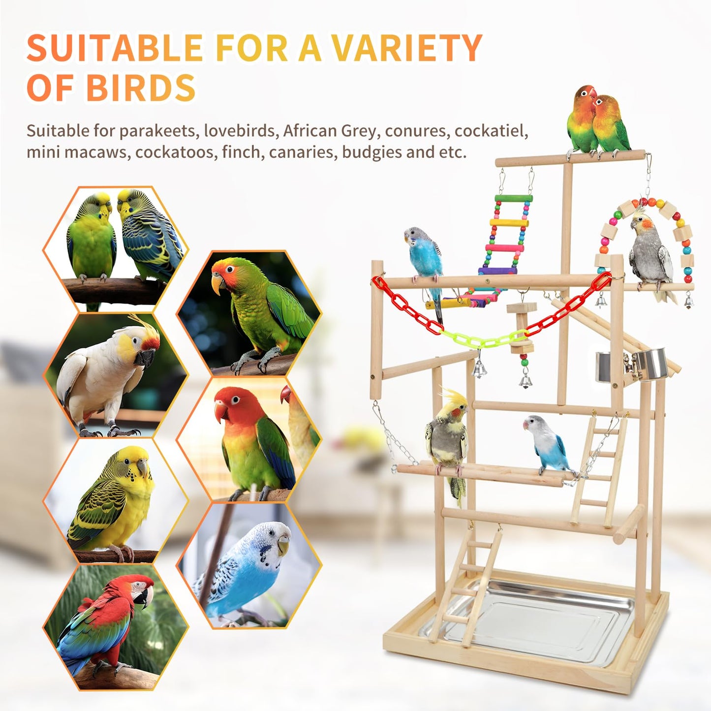Bird Playground, Parrots Playstand for Small to Medium Birds, Perch Stand with 3 Ladders Playgym with Rope Perch, Swings Feeder Cups Bird Cage Accessories for Conure Cockatiel Lovebirds