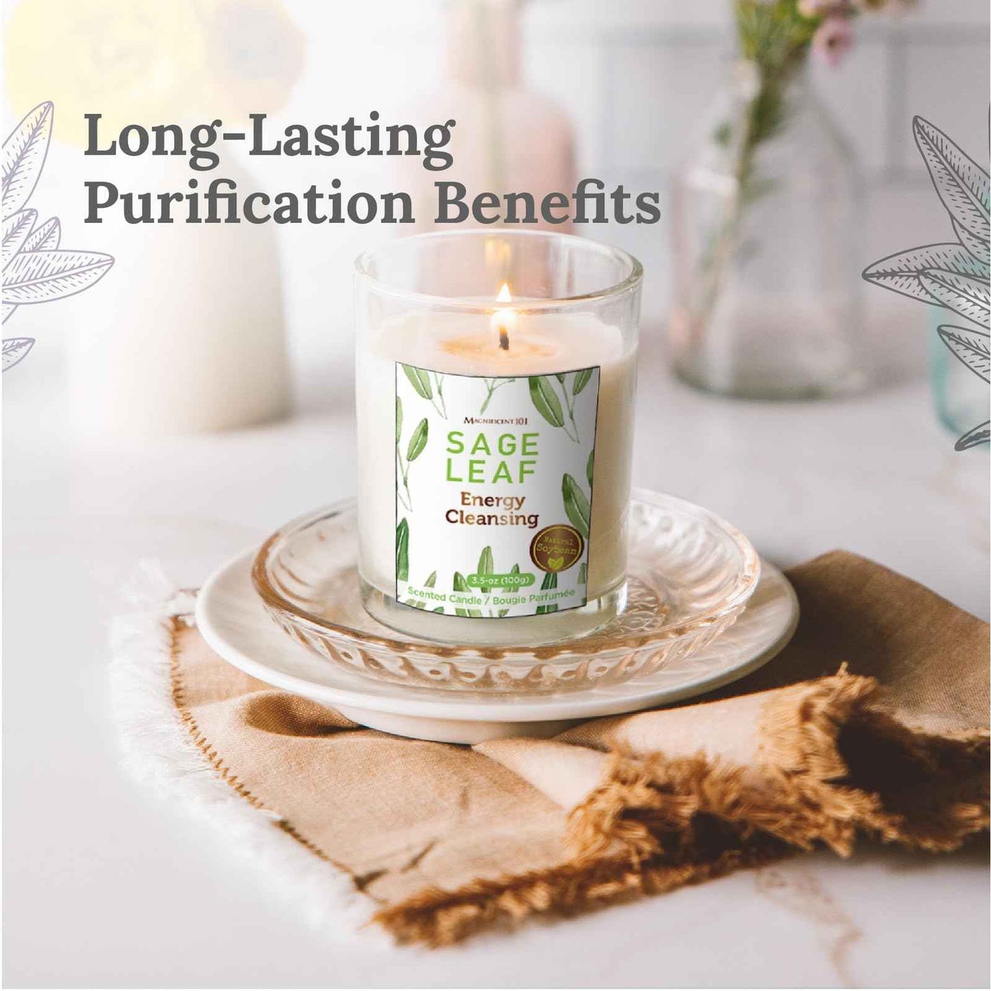 Magnificent 101 Set of 3 Long Lasting Pure Sage Smudge Candles - 42 Hour Burn, 3.5 Oz Each, Made with Soy Wax and Herb, Ideal for House Energy Cleansing, Meditation & Manifestation