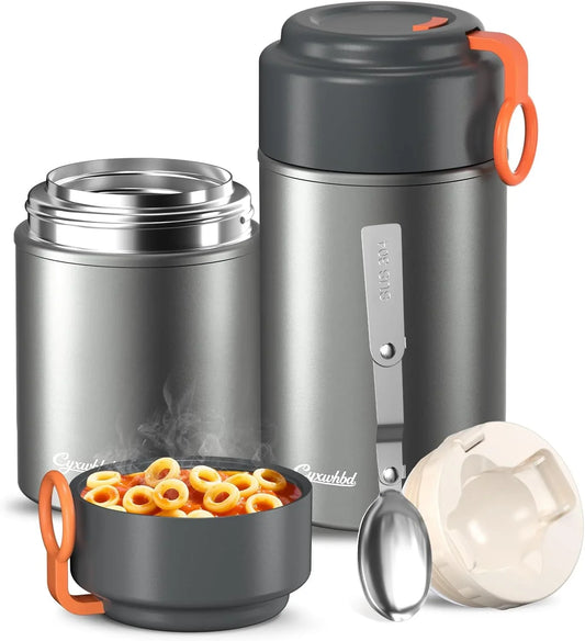 2-Pack Thermo for Hot Food (17oz & 27oz) - 10H Hot & Cold, Leakproof, Dishwasher Safe Insulated Food Container, Soup Thermo for Adults - with Spoons & Bags for Office, Travel(Grey) - Jlhbookstore.store