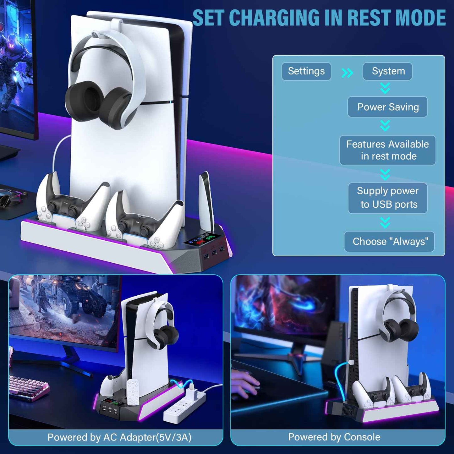 PS5/PS5 Slim/PS5 Pro Stand and Cooling Station with Dual Controller Charging Station for PlayStation 5 Console, PS5 Accessories Incl. Controller Charger, Cooling Fan, Headset Holder, 3 USB Hub, White