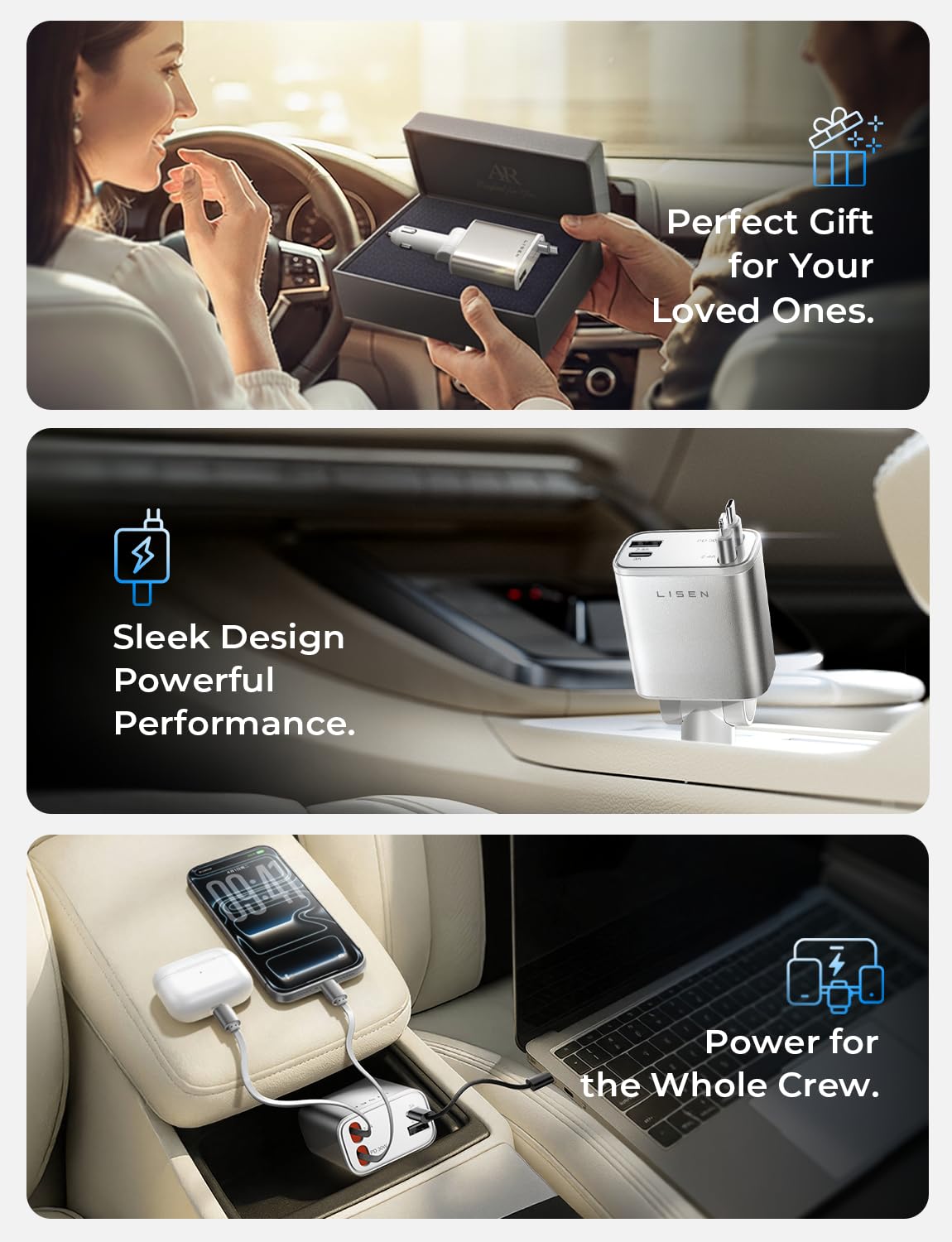 LISEN Retractable Car Charger, Gifts for Men Women, 69W Cars Adapter USB C Fast Charger for iPhoen 17, Car Accessories for Men Women, Gifts for Dad Mom, for iPhone 17 Pro Max Air 16 15 14 13 12 Plus