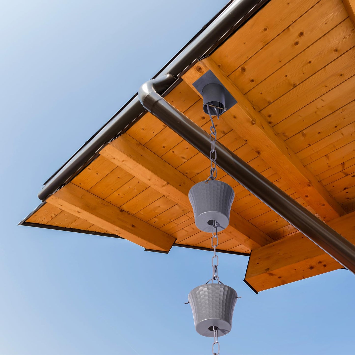 Rain Chain Bird Cage Set 8.5Ft, Not Rust Wrought Iron Rain Chains for Gutters with Adapter Gotta Drain and Sturdy Anchoring Stake,13 Cups, 1 Hook, Adjustable Length for Garden Decorative (Coffee)