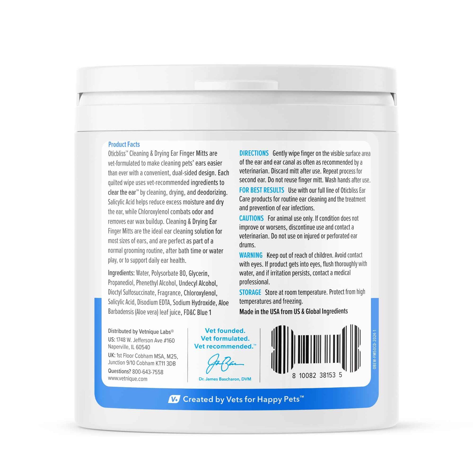 Vetnique Oticbliss Cat & Dog Ear Wipes - Dog Ear Infection Treatment or Dog Ear Cleaner Wipes for Dirty, Waxy, Smelly Dog Ears, Odor Control with Aloe Vera & Salicylic Acid (Finger Mitt Ear Wipes)